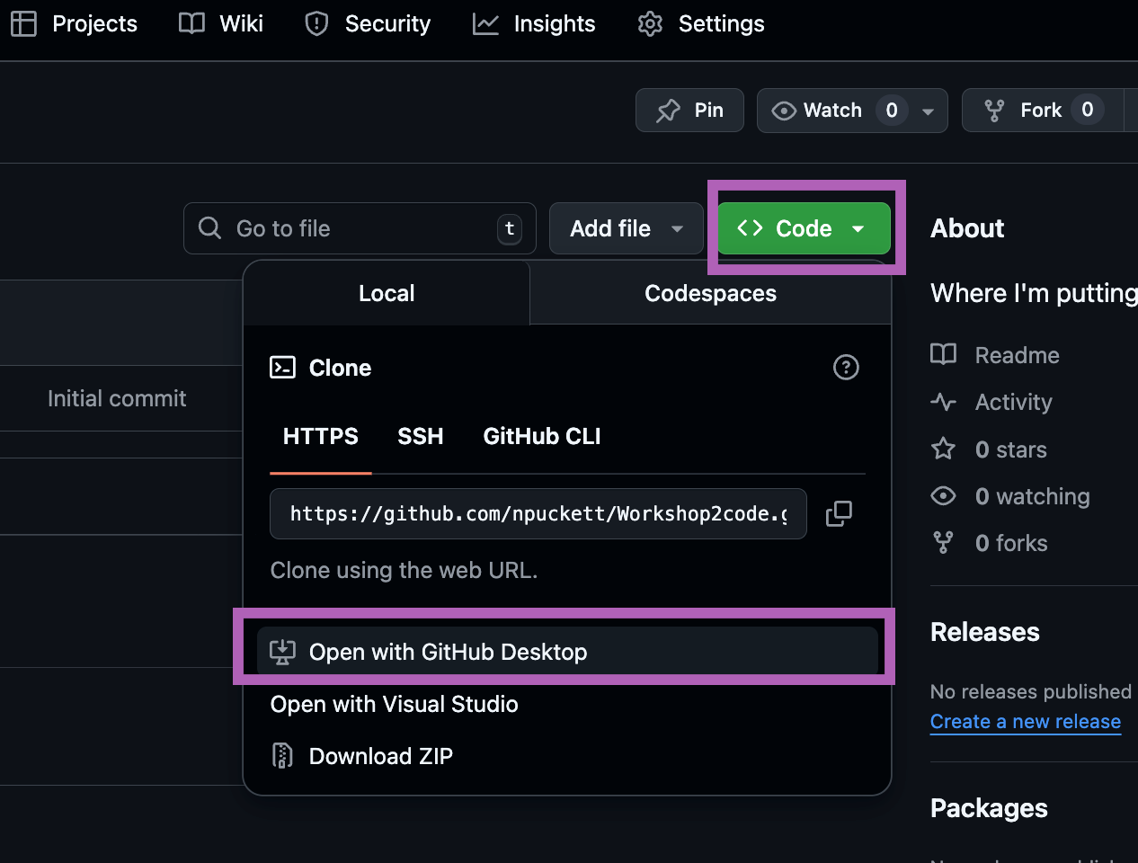 A GitHub repo page with the green Code button open and Open with GitHub Desktop highlighted.