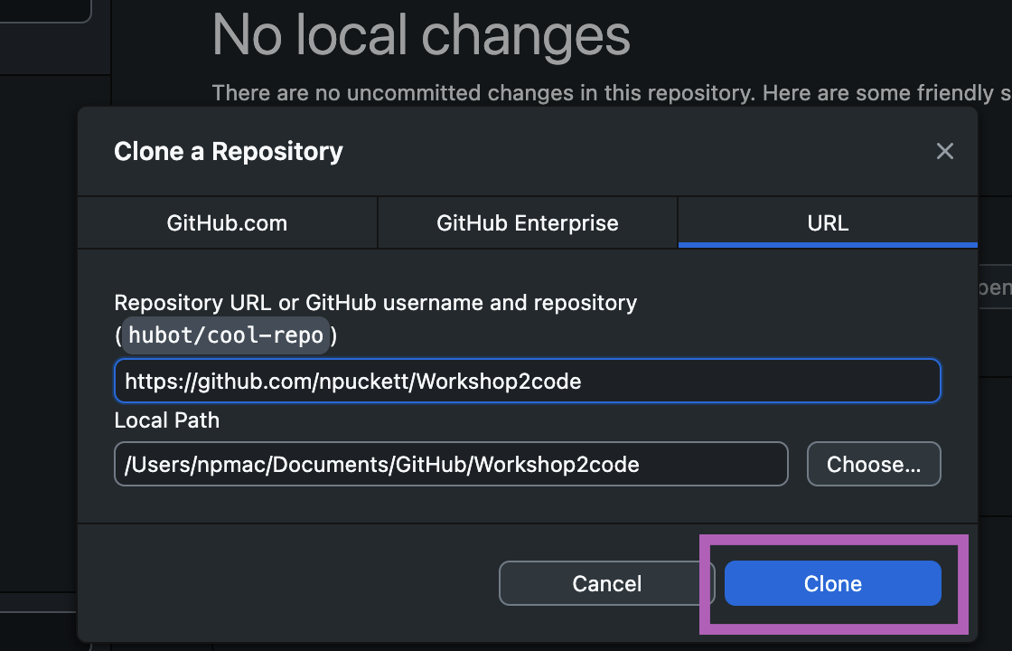 GitHub Desktop's Clone a Repository window. The Local Path ends in Documents, GitHub and the repo name. The Clone button is highlighted.