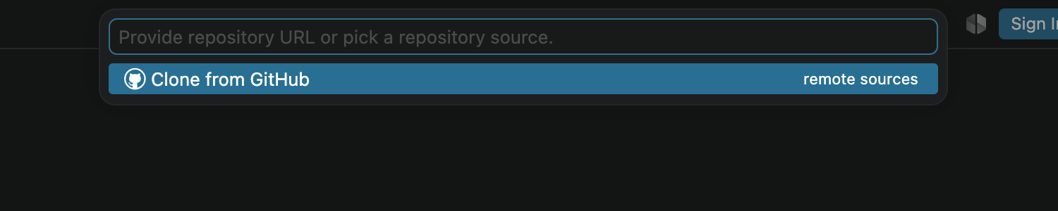 A box at the top of the VS Code window with one choice highlighted: Clone from GitHub.