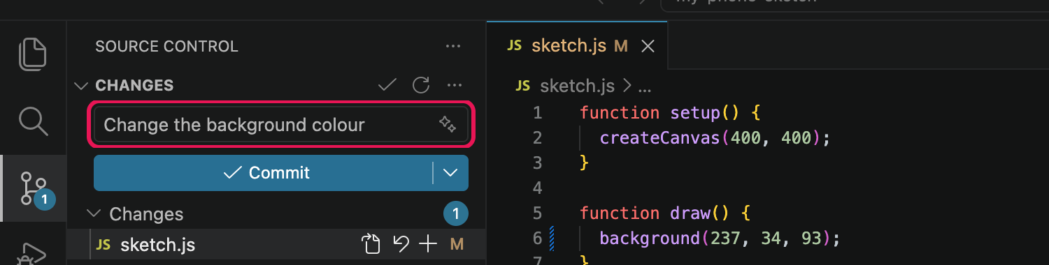 The Source Control panel with a message typed in the box, the Commit button below it, and sketch.js listed under Changes.