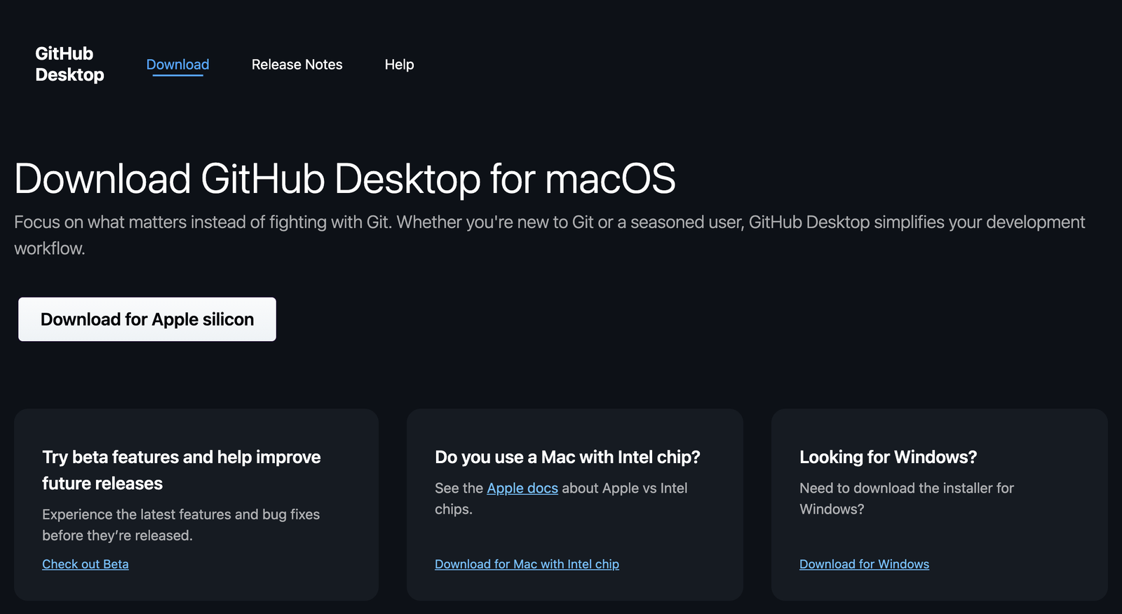 The GitHub Desktop download page with one large download button, and smaller links for Intel Macs and for Windows.