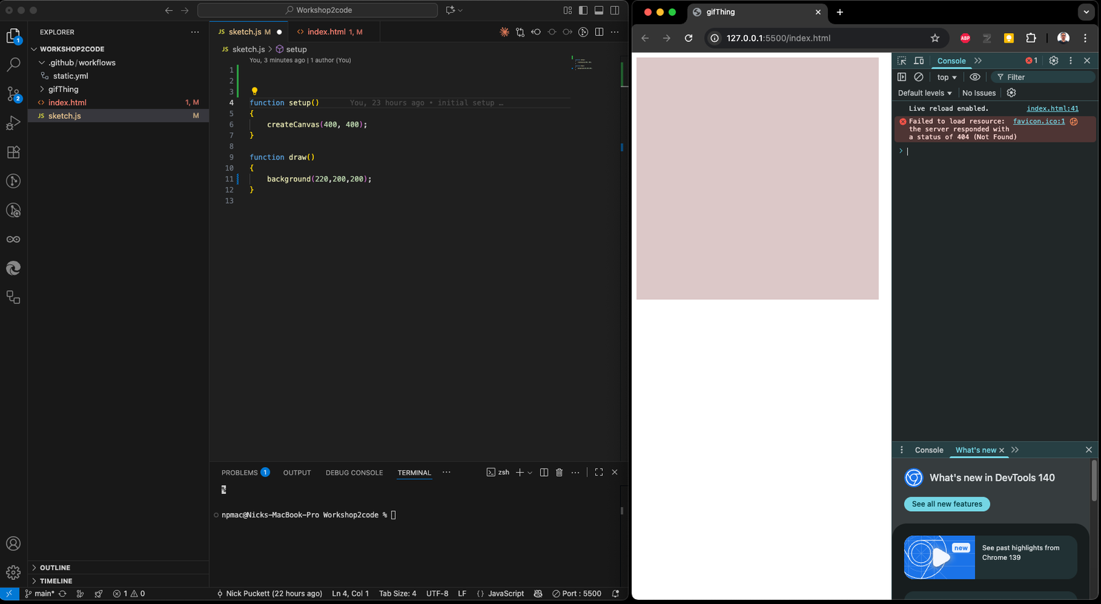 VS Code on the left and Chrome on the right with the Console panel open beside the sketch.