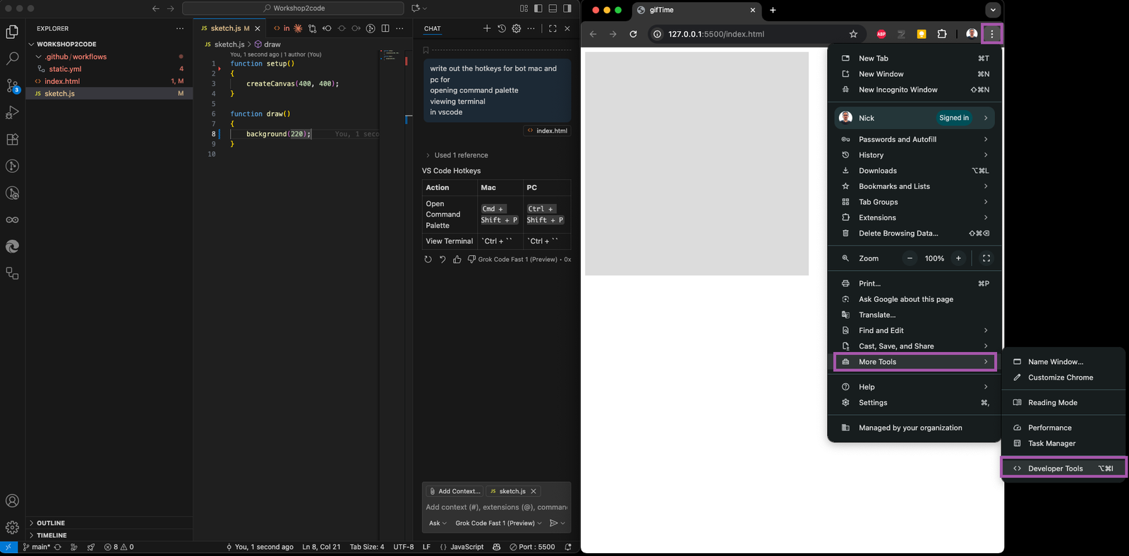 Chrome's three-dot menu open, with More Tools and Developer Tools highlighted.