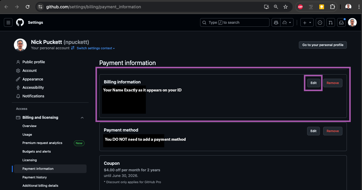 GitHub's payment information page with the Billing information section and its Edit button highlighted.