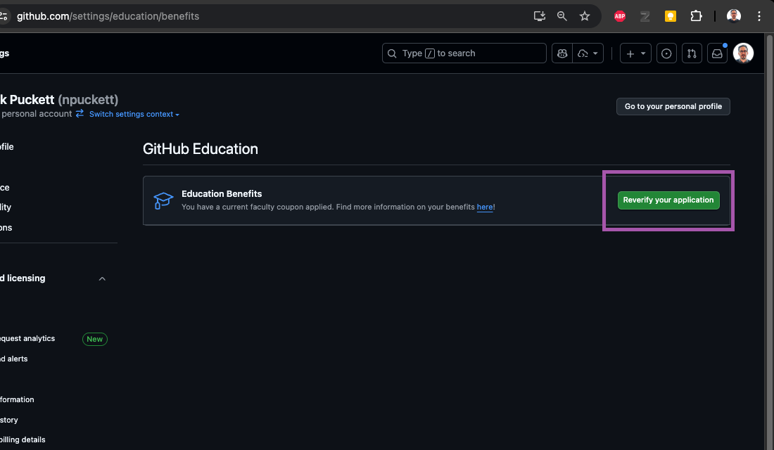 The Education benefits page in GitHub settings with a highlighted button to start the application.