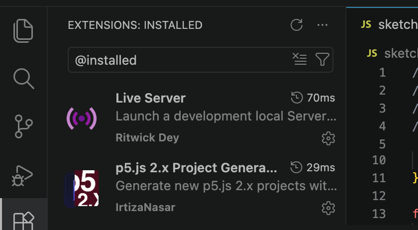 The Extensions panel filtered to installed extensions, listing Live Server and p5.js 2.x Project Generator.