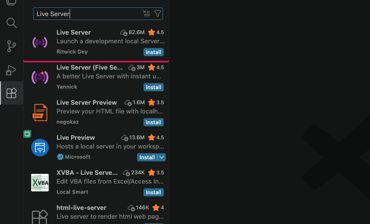 The Extensions search results with Live Server by Ritwick Dey at the top.