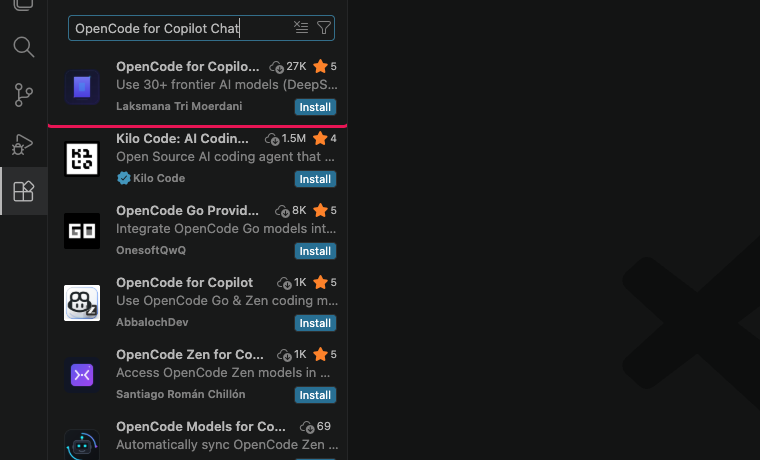 The Extensions search results with OpenCode for Copilot Chat by Laksmana Tri Moerdani at the top.