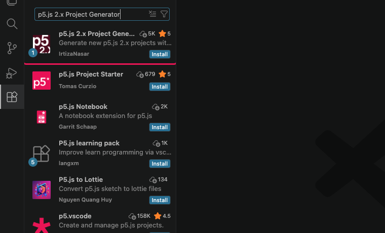 The Extensions search results with p5.js 2.x Project Generator by IrtizaNasar at the top and an Install button.