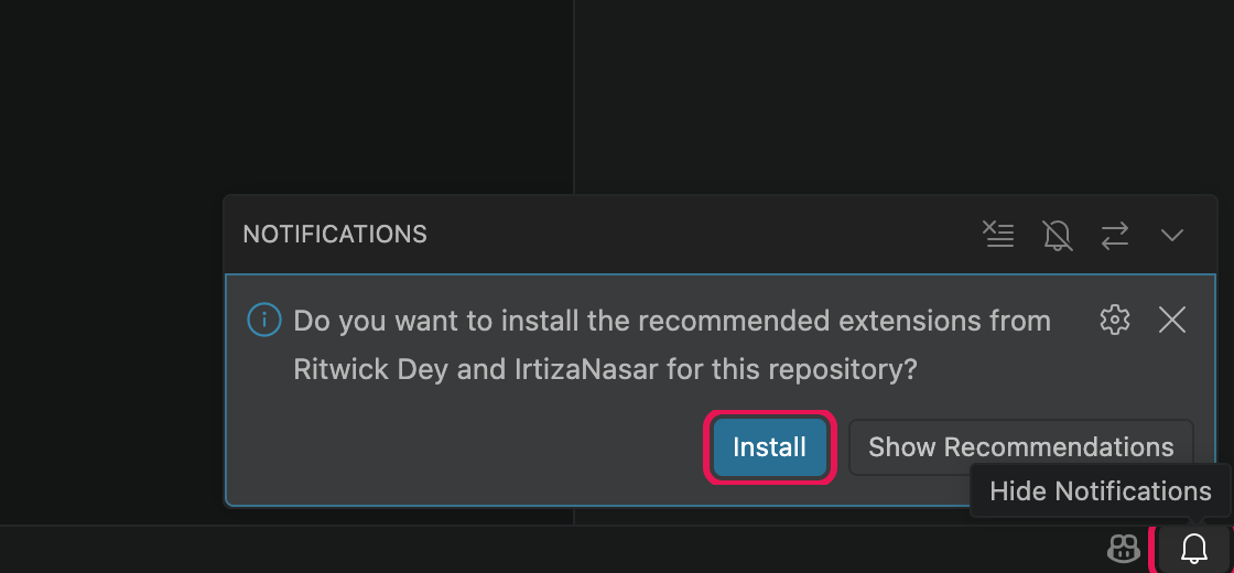 A notification asking whether to install the recommended extensions for this repository, with a highlighted Install button and the bell icon highlighted below it.