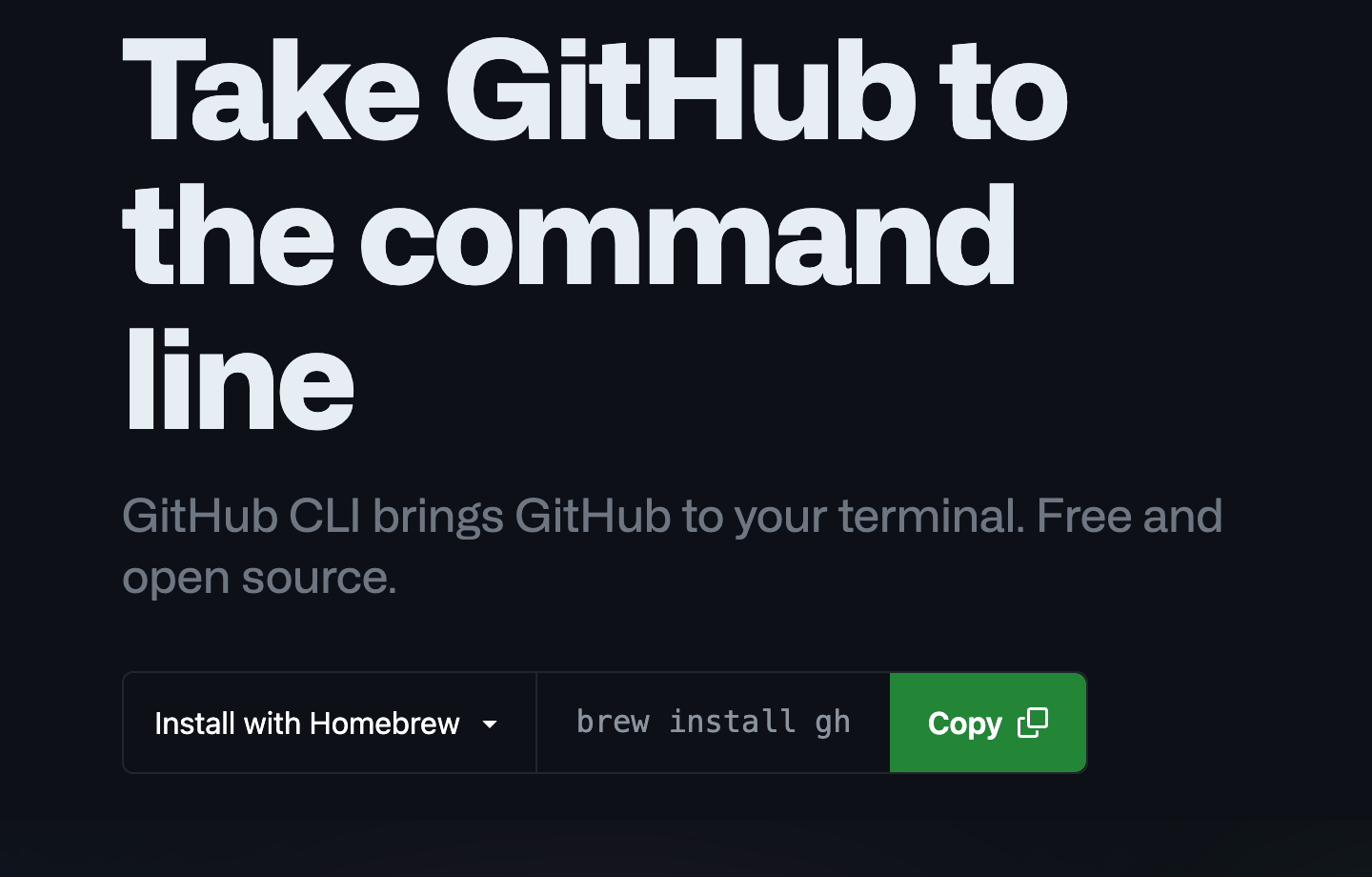 The GitHub CLI home page with an install command and a Copy button.