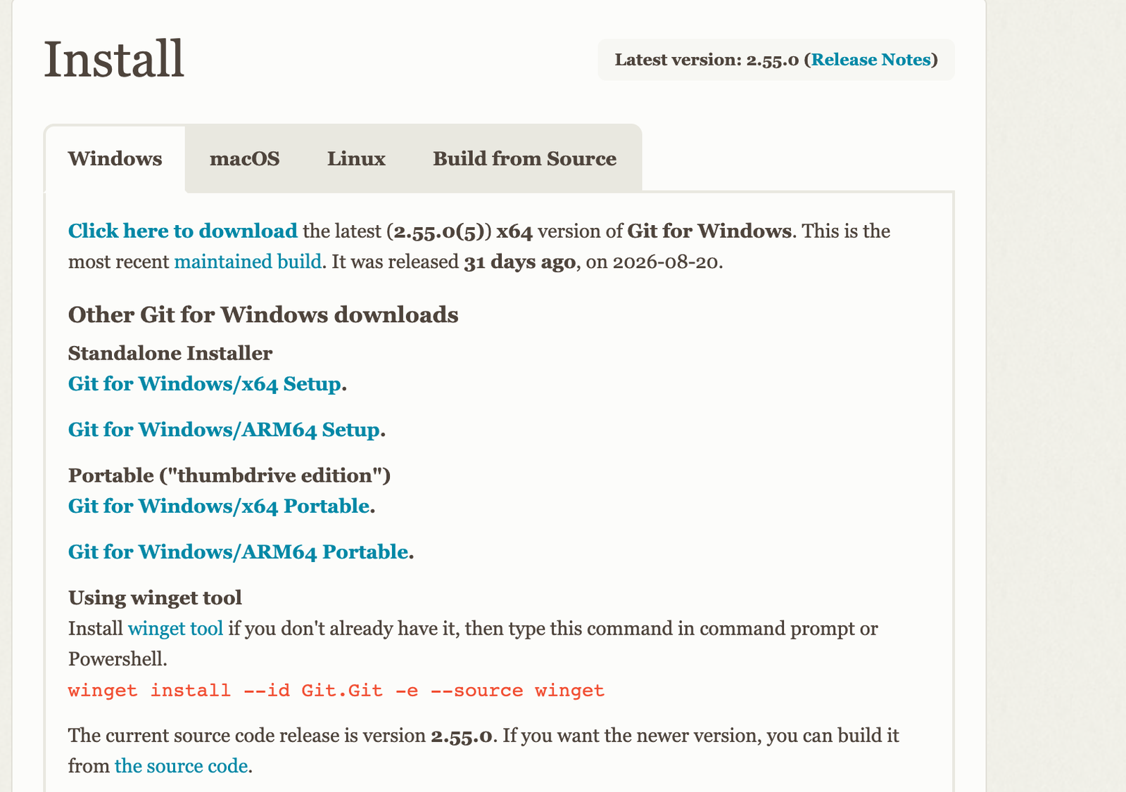 The Git for Windows install page with a Click here to download link at the top.