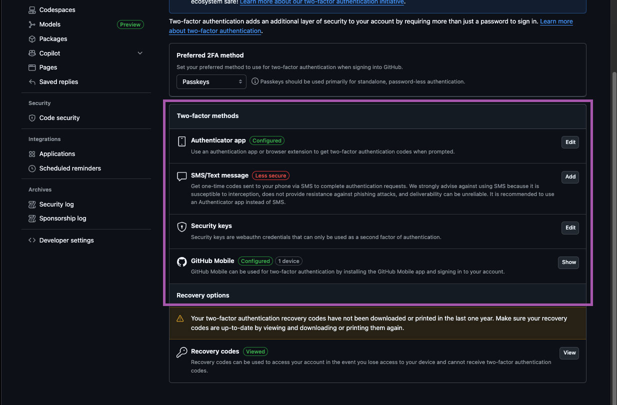 The two-factor methods section of GitHub's security settings, listing authenticator app, SMS, security keys and GitHub Mobile.