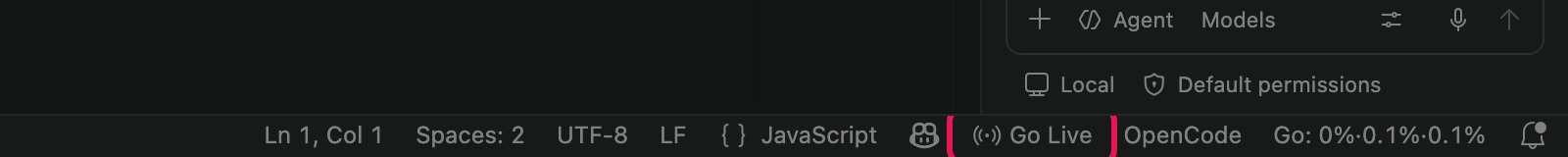 The right end of the bar along the bottom of VS Code with the Go Live button highlighted.