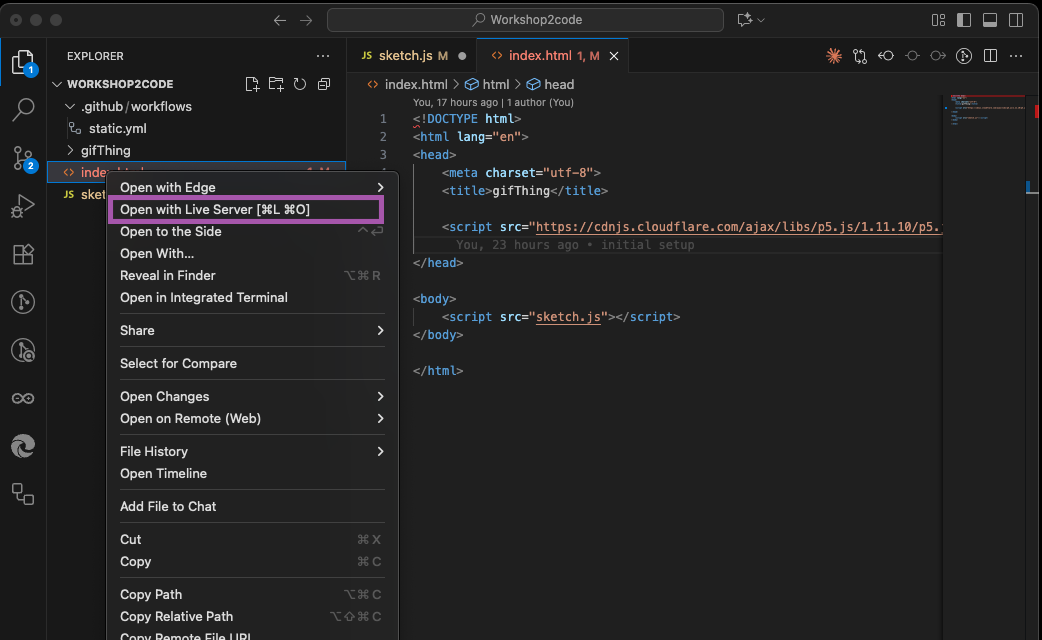 The right-click menu on index.html with Open with Live Server highlighted.