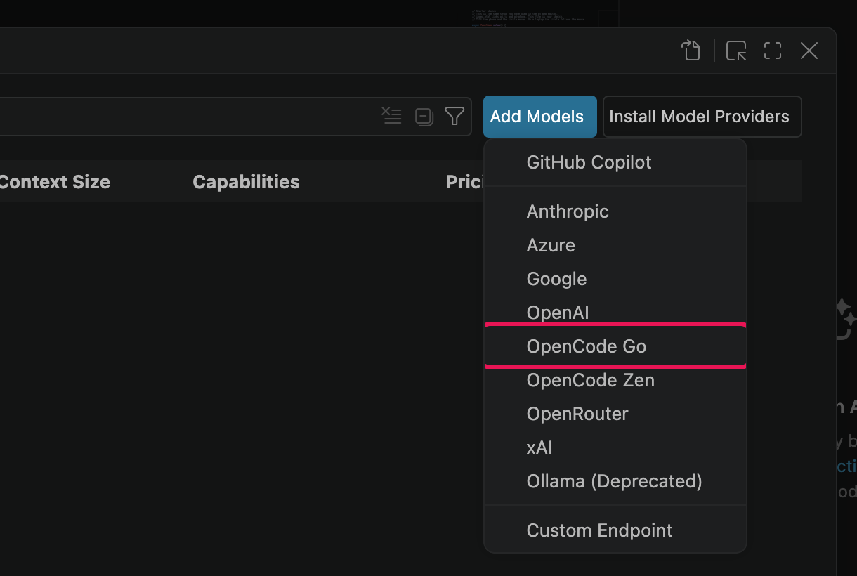 The Add Models list with OpenCode Go highlighted, above OpenCode Zen.