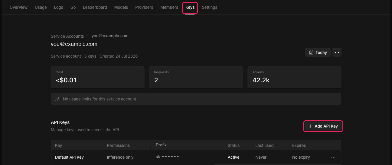 A service account page in the OpenCode Console with a highlighted Add API Key button above a table of keys.