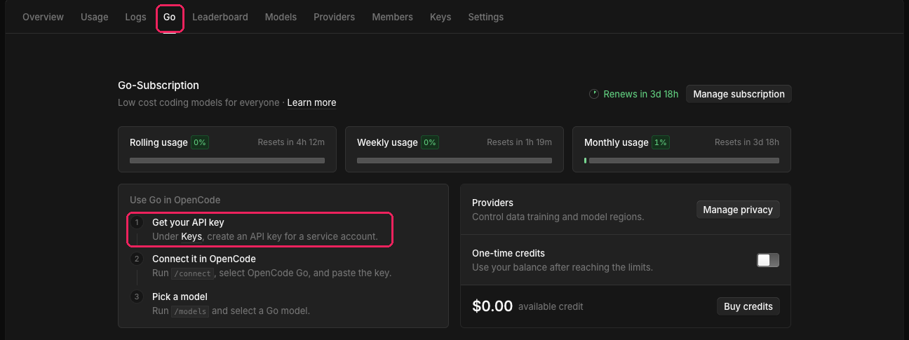 The Go tab of the OpenCode Console for a subscribed account, showing rolling, weekly and monthly usage bars, and a list that begins Get your API key, under Keys.