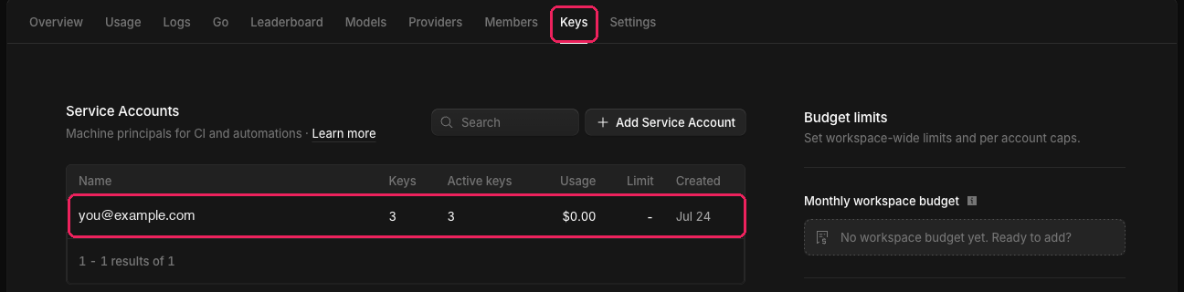 The Keys tab of the OpenCode Console. One service account is listed, named with an email address.