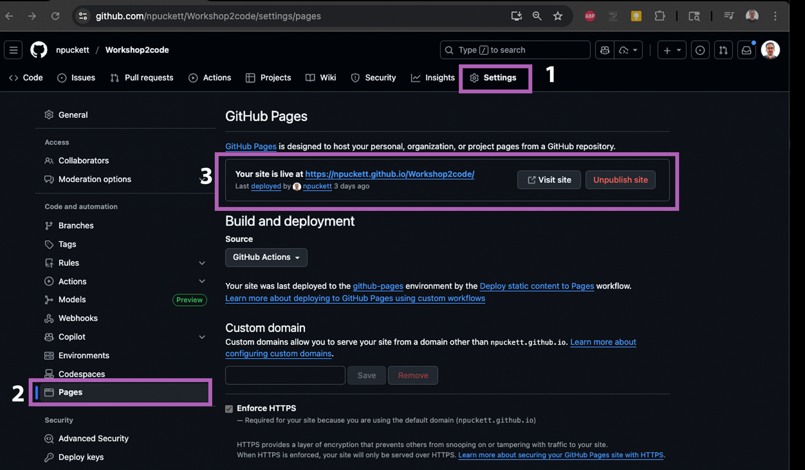 The Pages settings showing Your site is live at, followed by the address and a Visit site button.