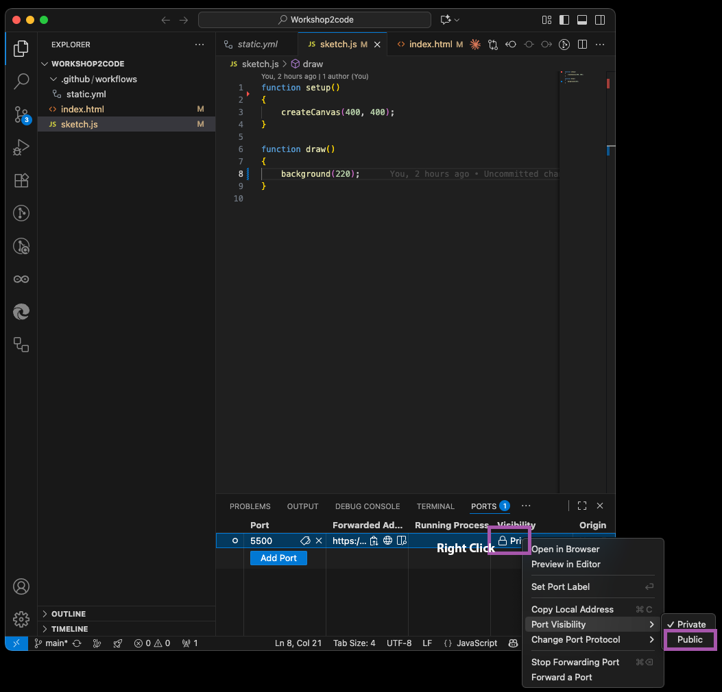 The right-click menu on a forwarded port with Port Visibility and Public highlighted.