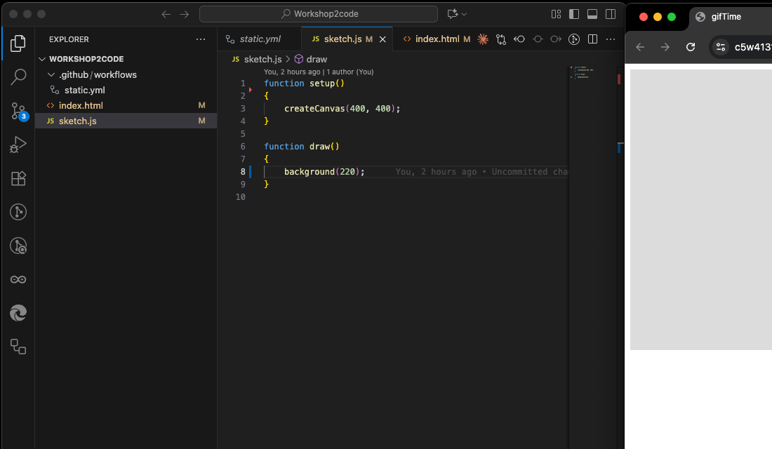 VS Code beside Chrome, where a QR code for the forwarded address is shown.
