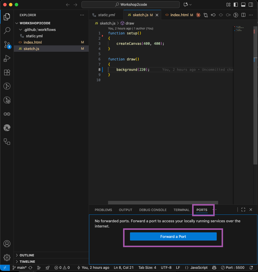 The Ports tab in the bottom panel of VS Code with a highlighted Forward a Port button.