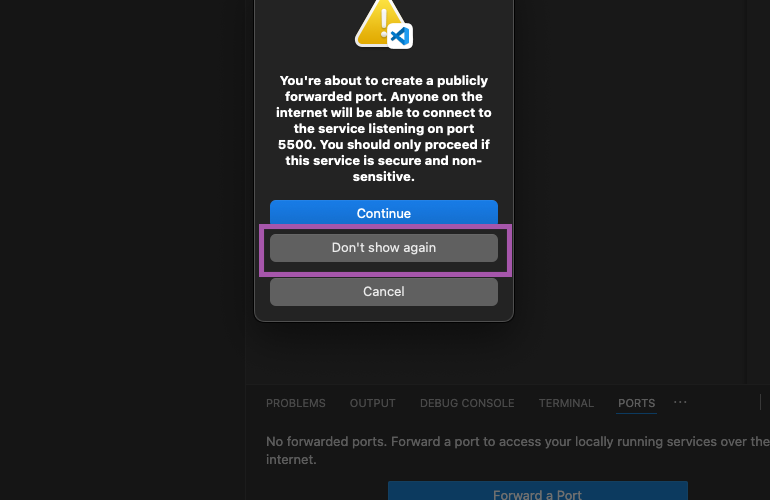 A warning window about making a port public, with Continue and Don't show again buttons.