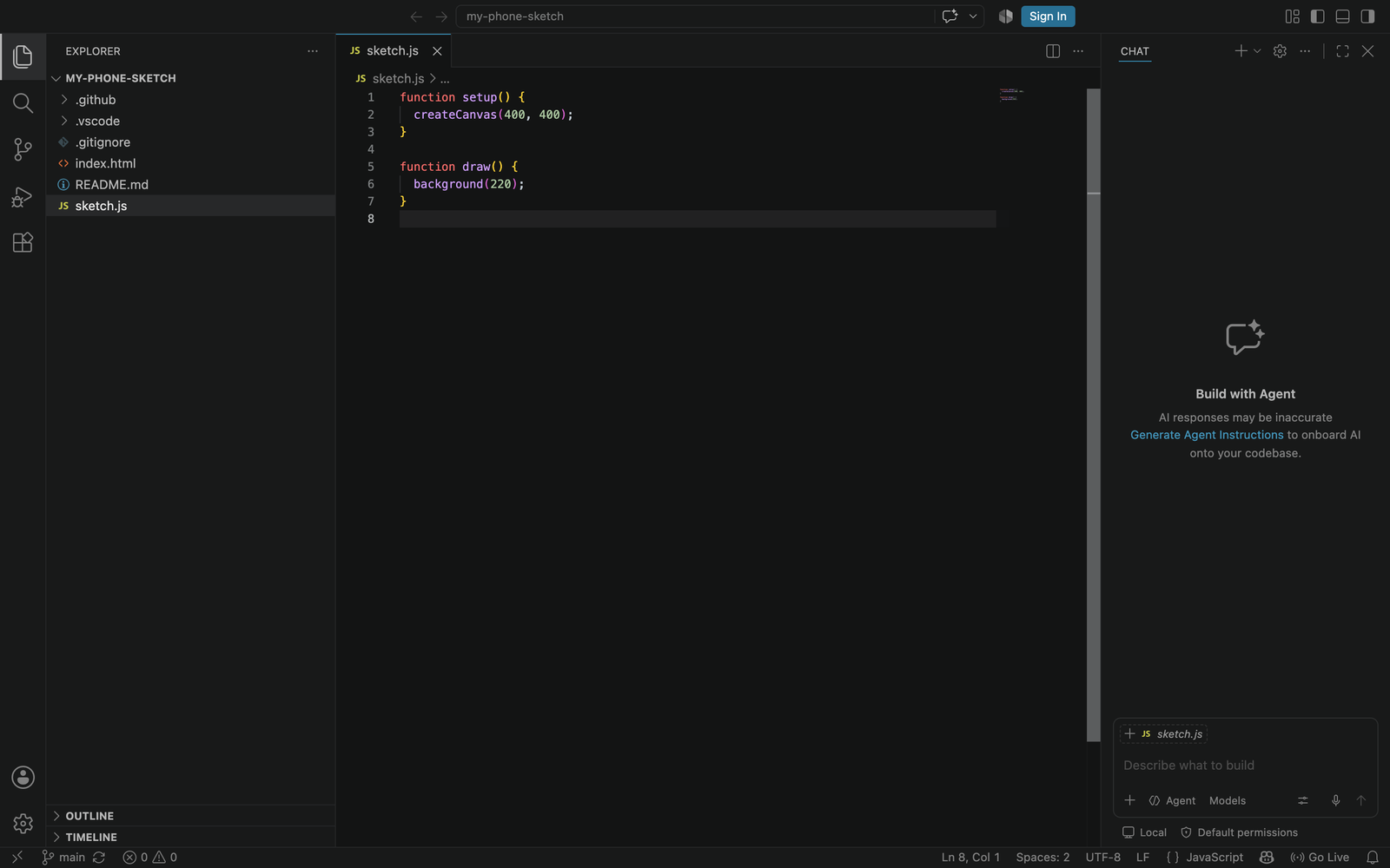 VS Code with the starter project open. The Explorer lists index.html and sketch.js. The editor shows the blank sketch, with only setup and draw.