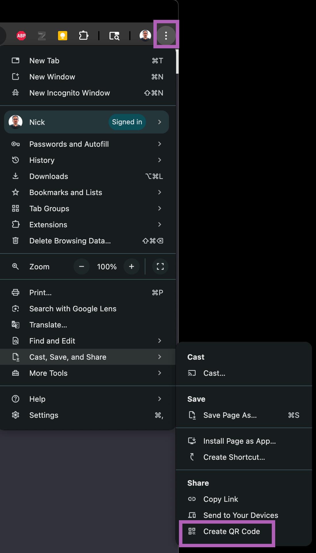 Chrome's menu open to Cast, save, and share, with Create QR Code highlighted at the bottom.