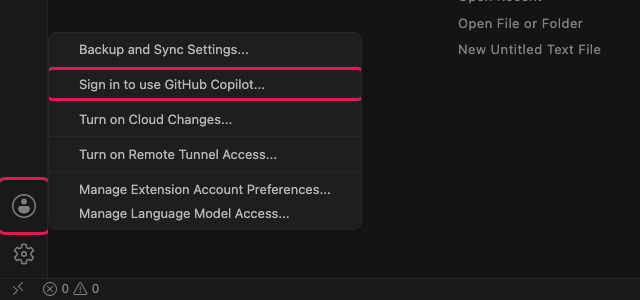 The Accounts menu at the bottom left of VS Code with Sign in to use GitHub Copilot highlighted.