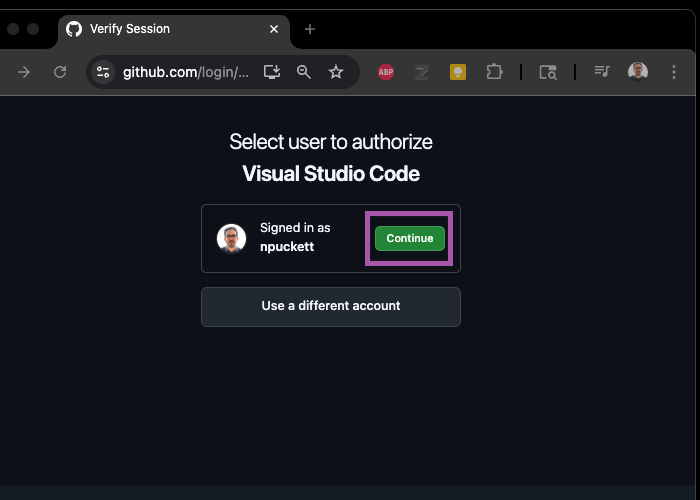 A GitHub page asking you to select the user to authorize Visual Studio Code, with a Continue button.