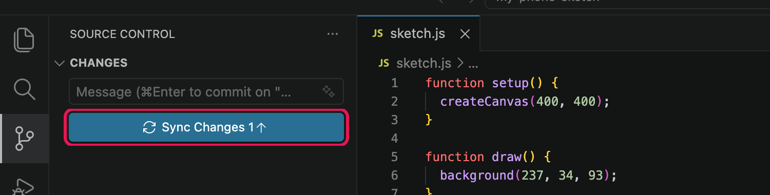 The Source Control panel with a highlighted Sync Changes button showing one commit to send.