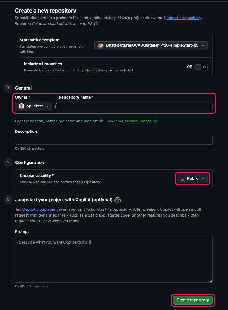 GitHub's Create a new repository form, started from the template. Owner and Repository name, the Public setting and the Create repository button are highlighted.