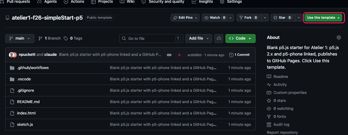 The template repo on GitHub with a highlighted green Use this template button at the top right.