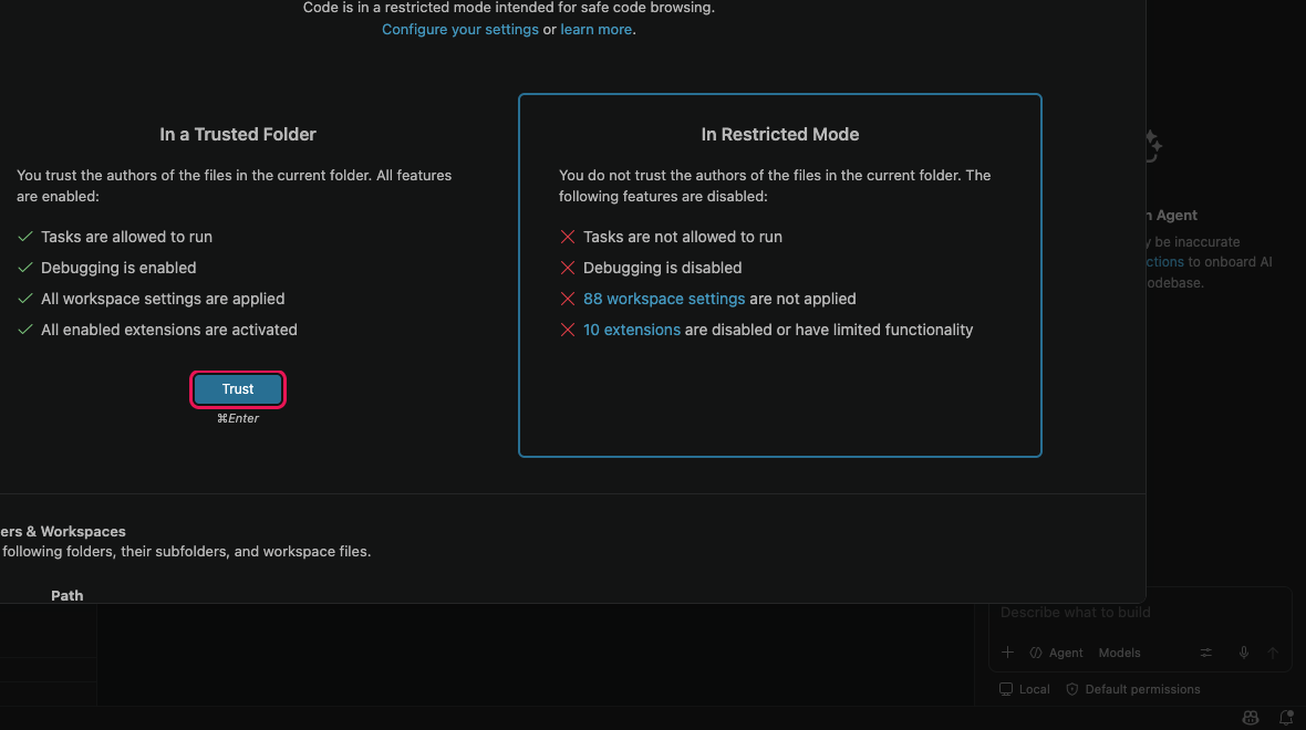 The Workspace Trust page with a highlighted Trust button.