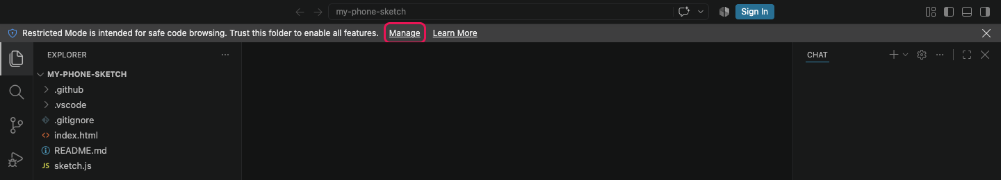 A bar across the top of VS Code reading Restricted Mode, with a Manage link.