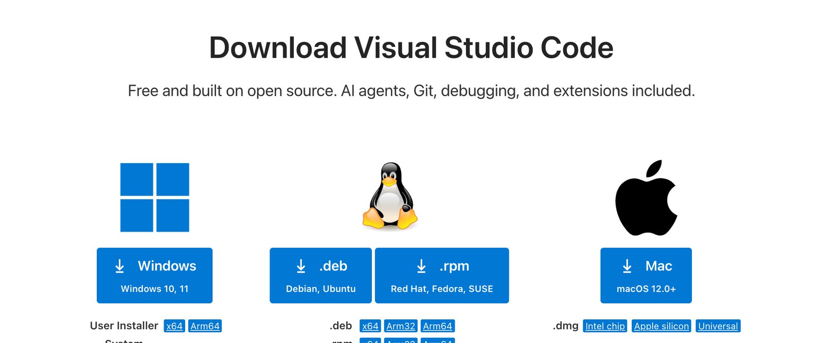 The VS Code download page with large Windows and Mac buttons.