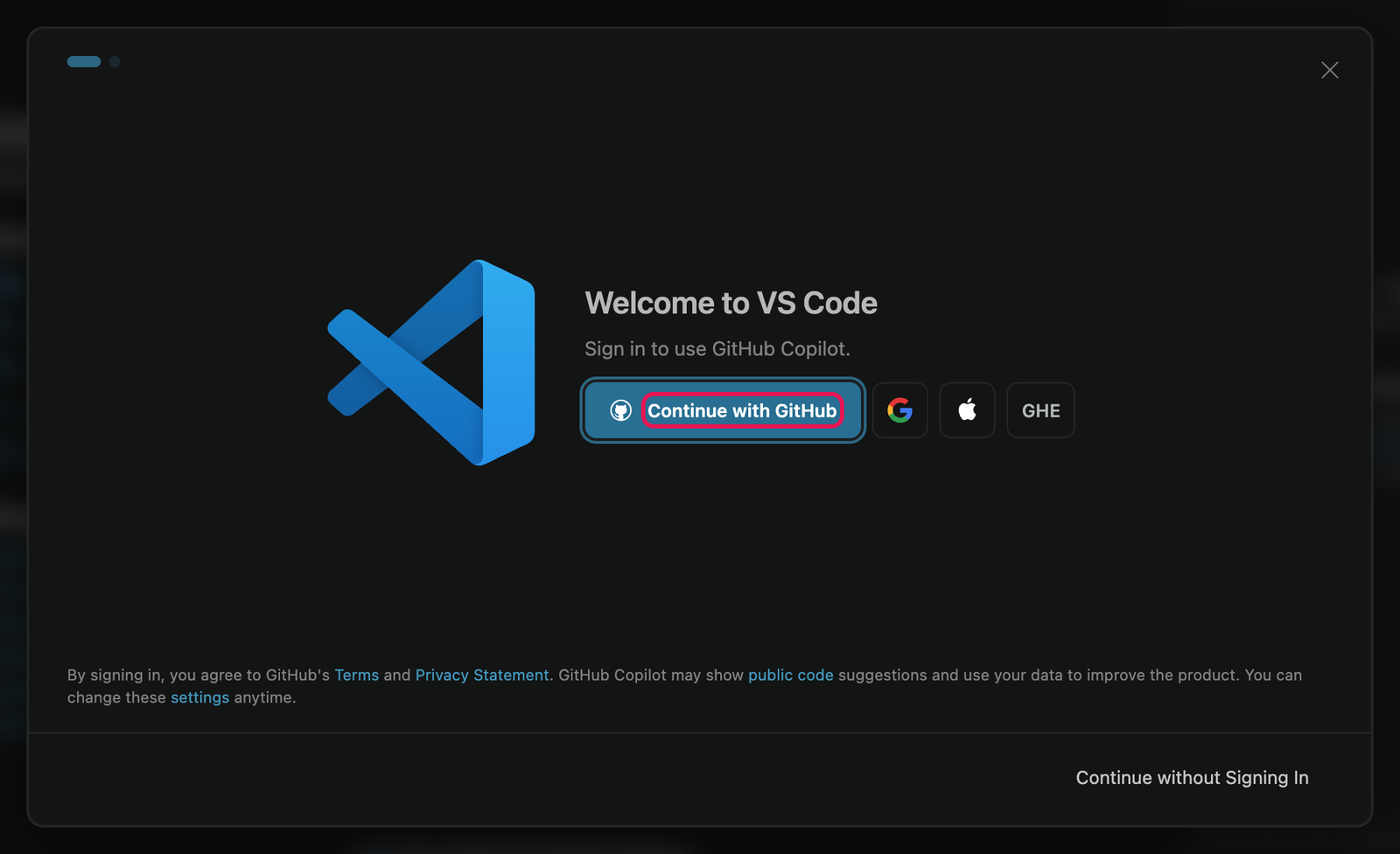 The Welcome to VS Code window with a highlighted Continue with GitHub button.