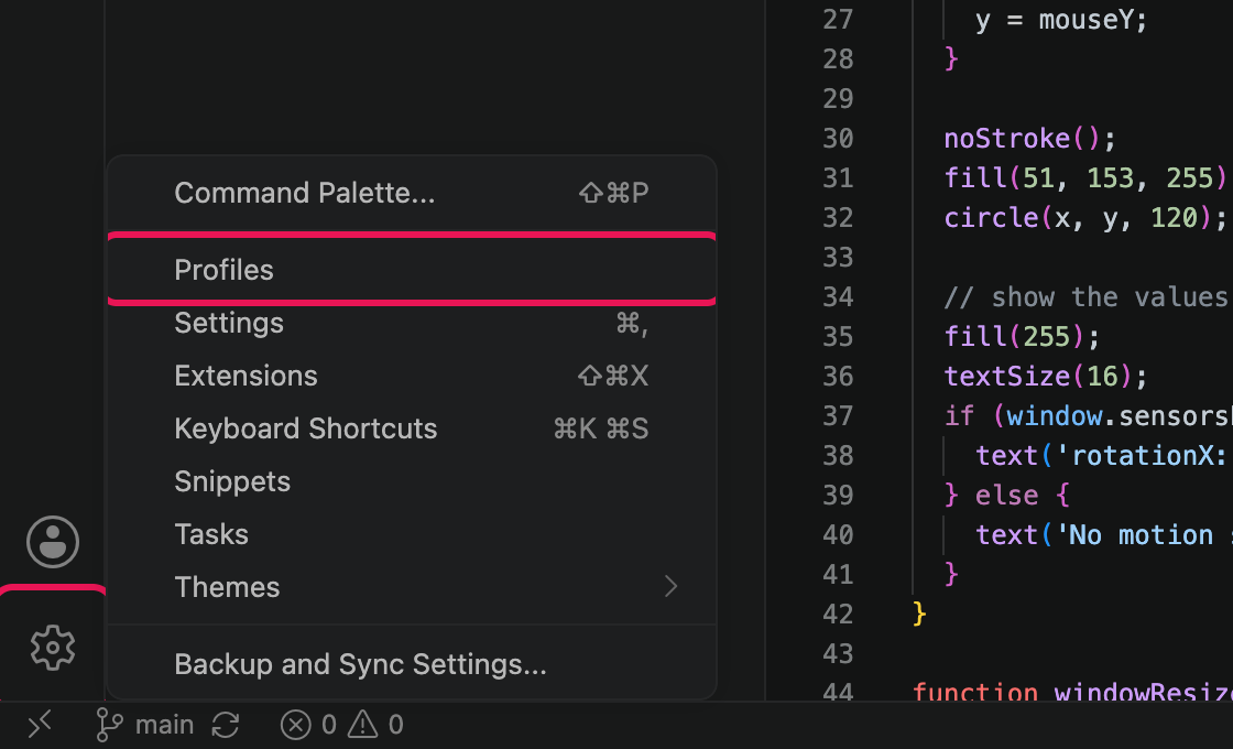 The gear menu at the bottom left of VS Code with Profiles highlighted.